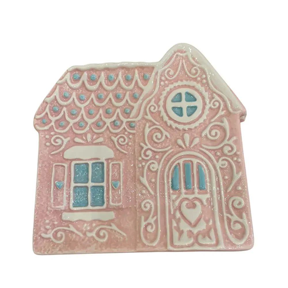 Godinger Pastel Pink Gingerbread House 6in Ceramic Appetizer Plates New